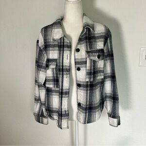 Sactuary Button Down Flannel Shirt Jacket Black White Plaid Large